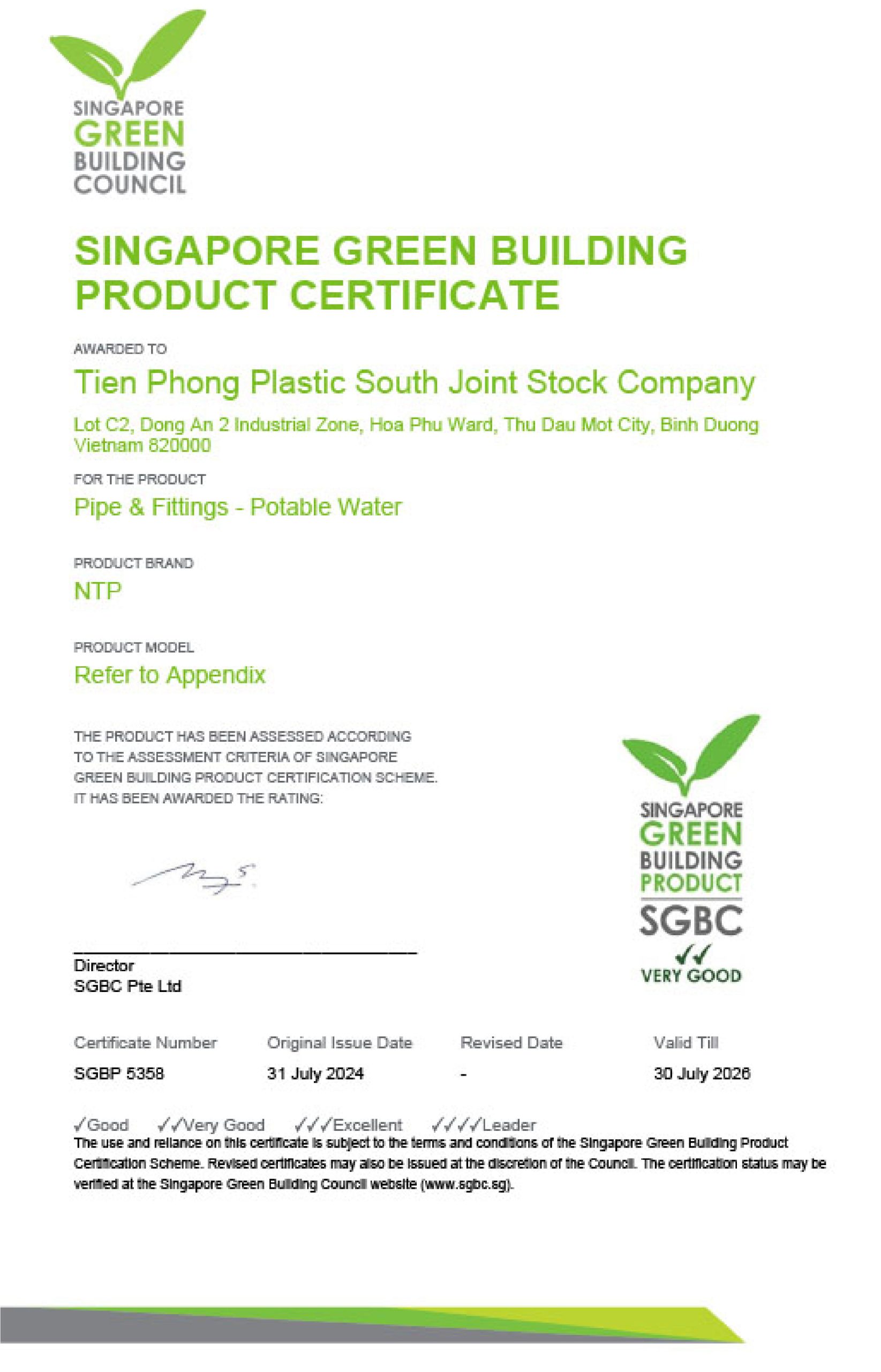 Chứng nhận Singapore Green Building Product (SGBP) - Nhựa Tiền Phong