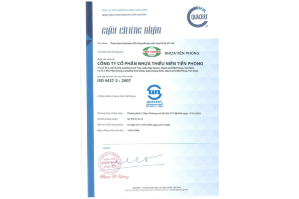 Chứng nhận ISO 4427 sản phẩm ống HDPE Tiền Phong
