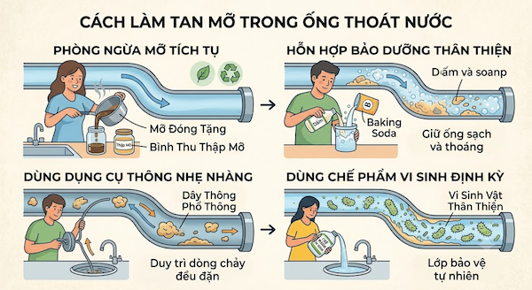 Cách làm tan mỡ trong ống thoát nước hạn chế tắc nghẽn